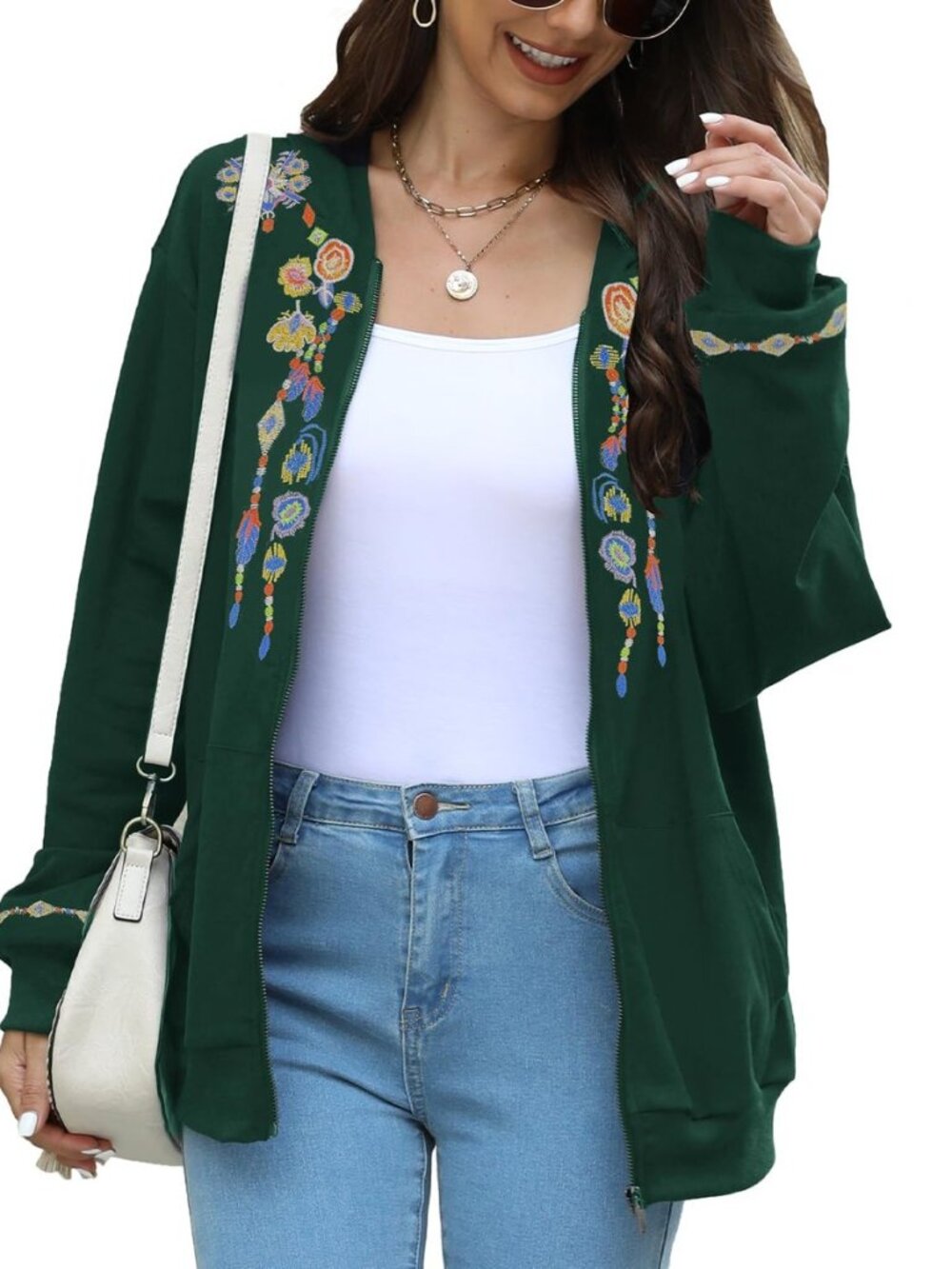Women's Boho Embroidered Long Sleeve Zip Up Hoodies with Pocket,Full Zip Hooded